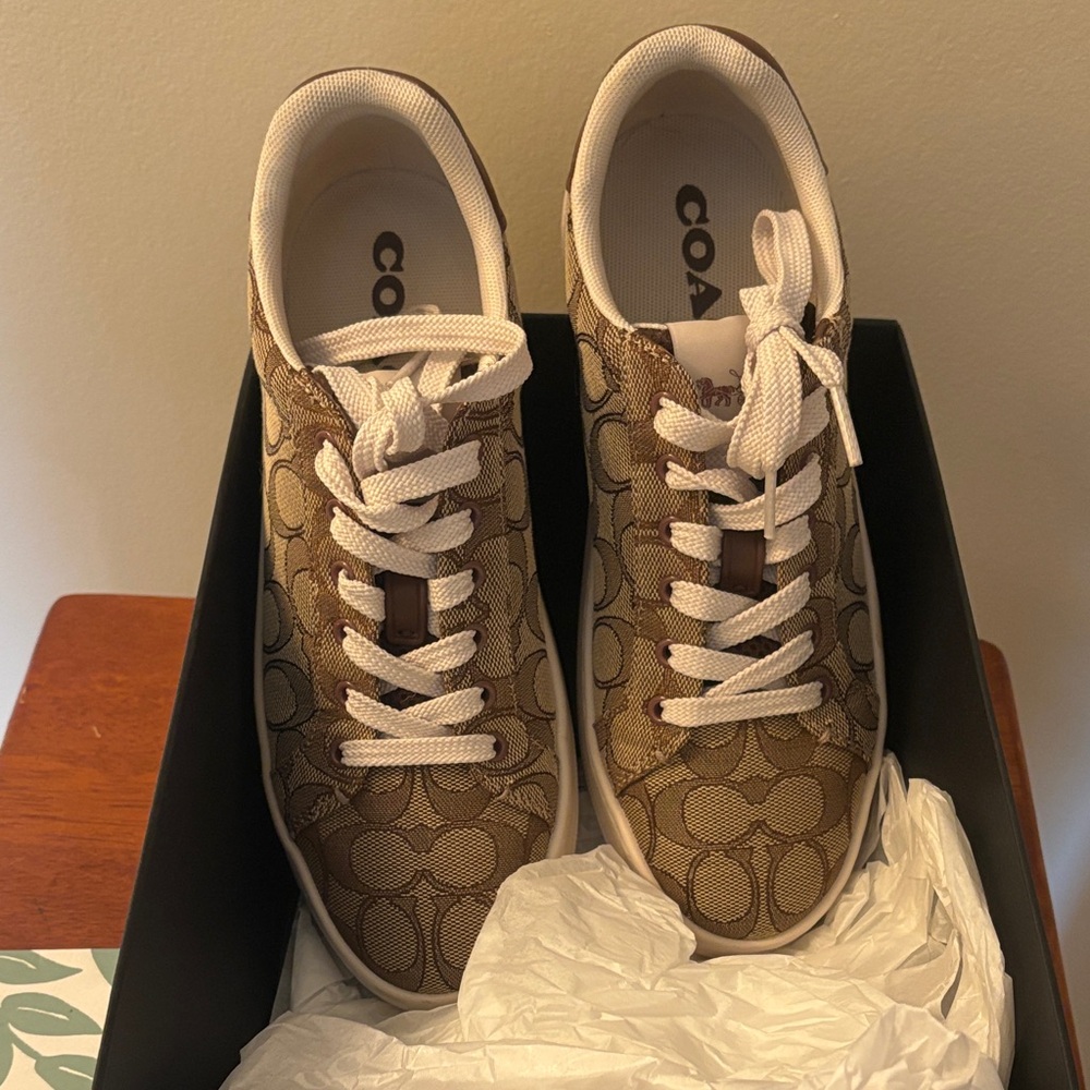 Coach Tan Monogram Sneakers with White Laces